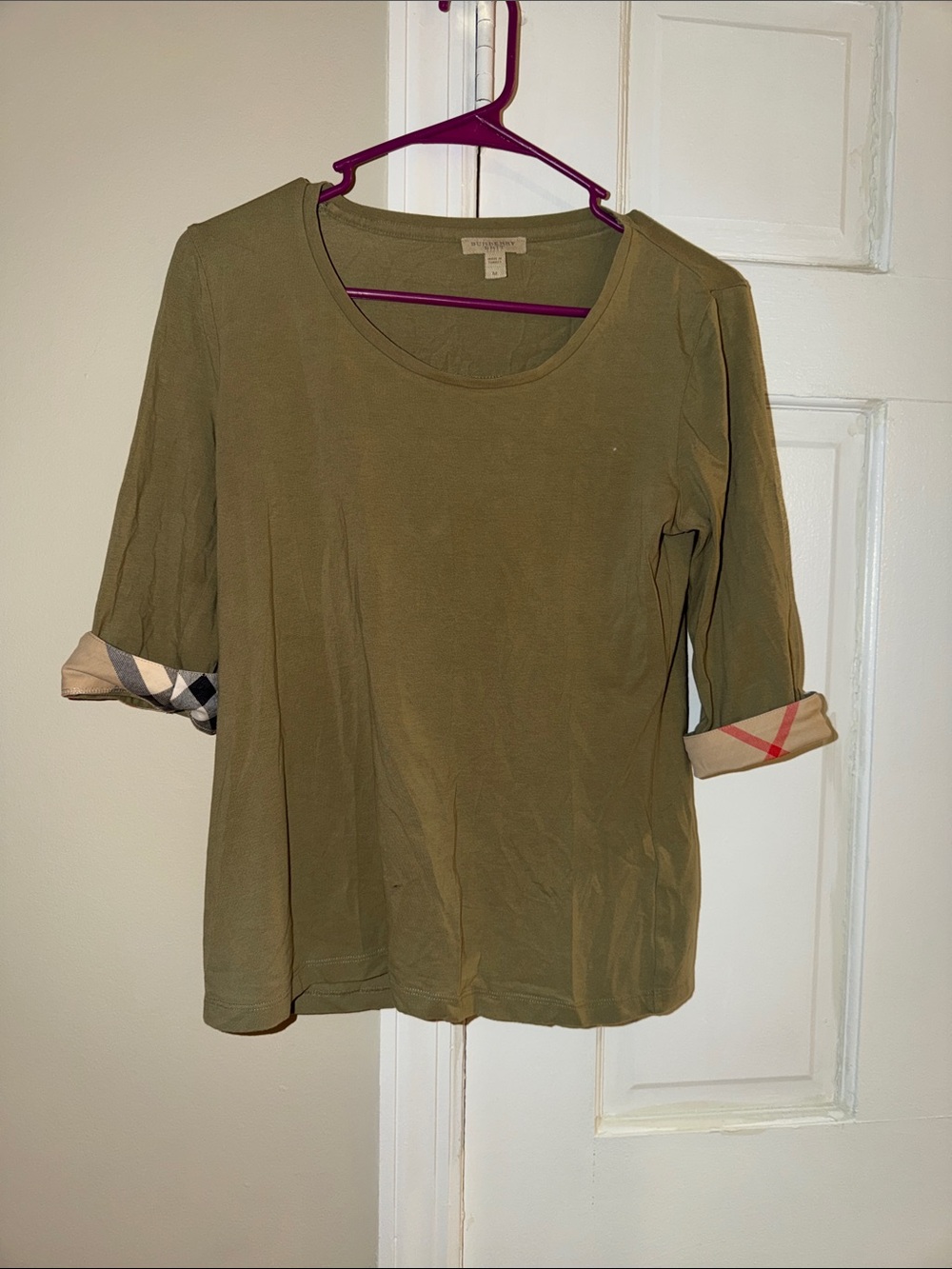 Burberry Olive Green Cotton Roll-Sleeve Top with Signature Check Trim
